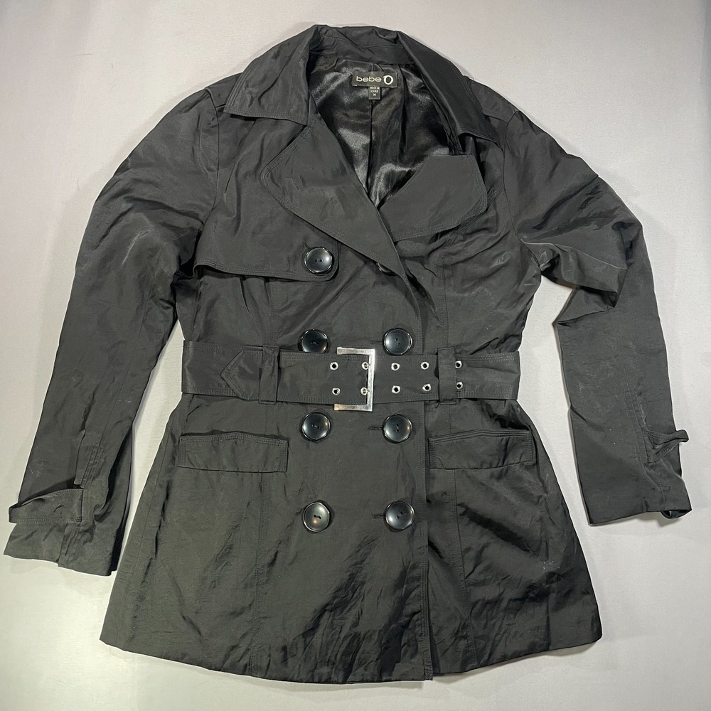 Bebe Womens Black Double Breasted Belted Trench Coat Jacket Size M Medium